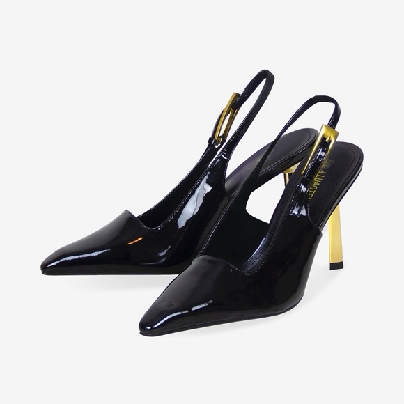 Women’s Saint Lee Black Patent Gold High Heel Slingbacks US 9, EU 40, Pumps - Picture 3 of 5